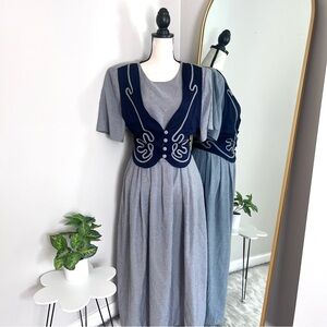 Kithie Lee Vintage 80’s Boho Maxi Gray & Navy Cottage Dress 16W
